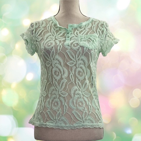 Poof Mint Green Sheer Lace Short Sleeve Blouse - Picture 10 of 11